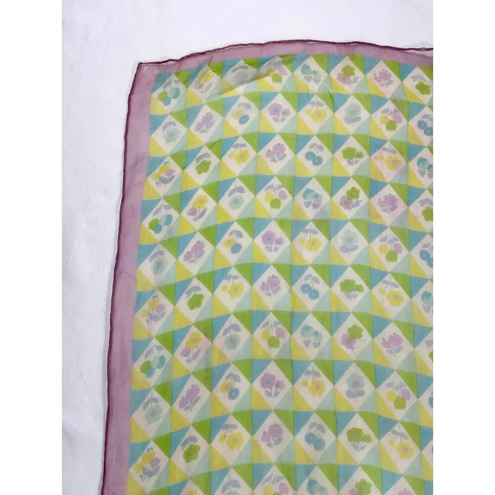 Vintage 1960s Silk Chiffon Scarf Geometric Floral Purple Green Blue Hand Rolled